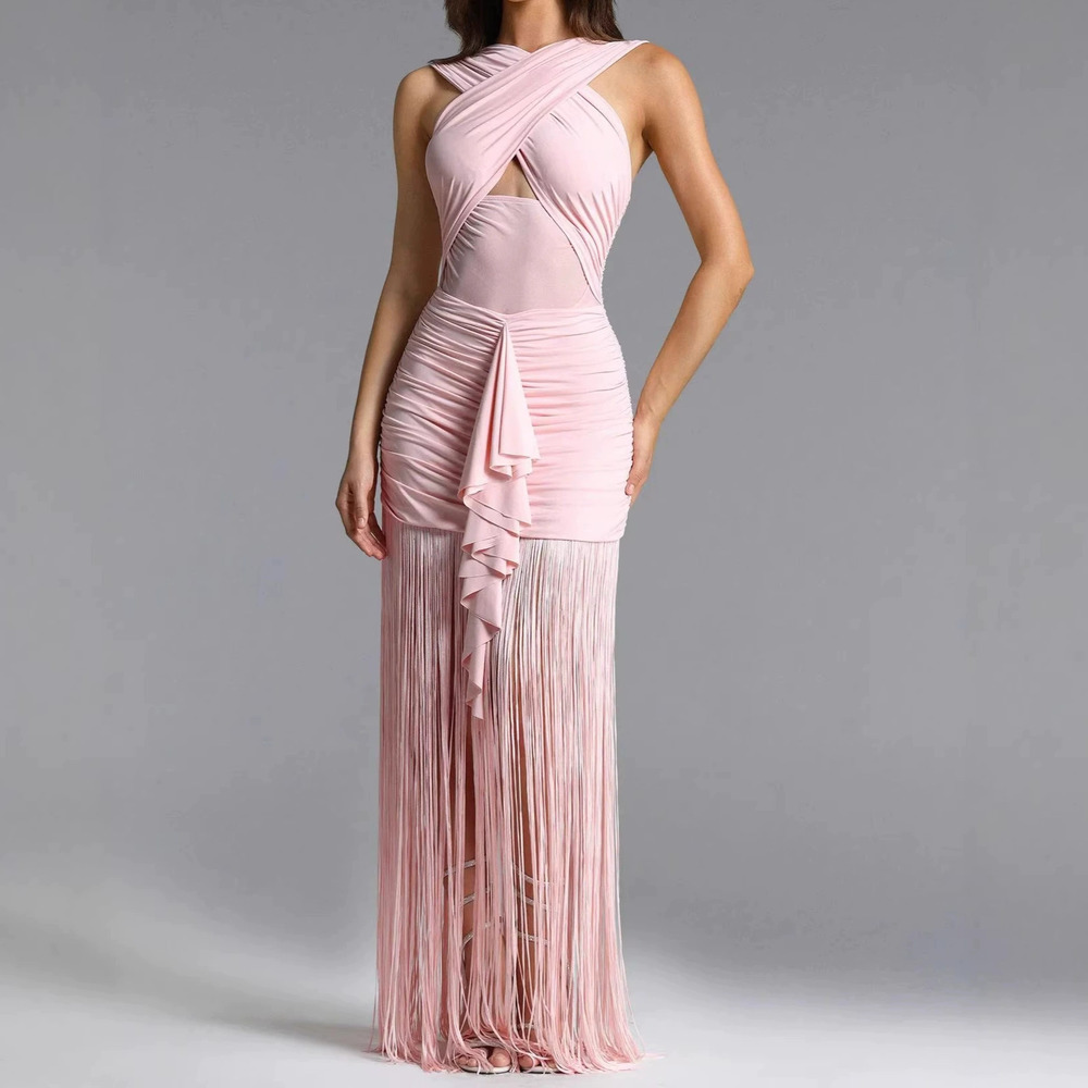 Forever 21 Elegant Summer Sleeveless Bodycon Pleated Pink Fringe Dress